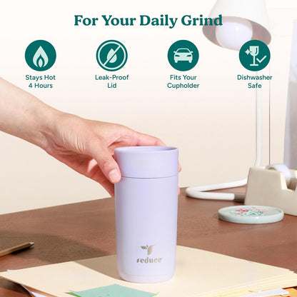 Perk 10oz Insulated Coffee Tumbler – Leak-Proof with Lockable Lid and Vacuum Insulation–Durable Stainless Steel–Fits Car Cup Holders–One-Handed Travel Mug in Sand Leopard Print - Midnight Plum