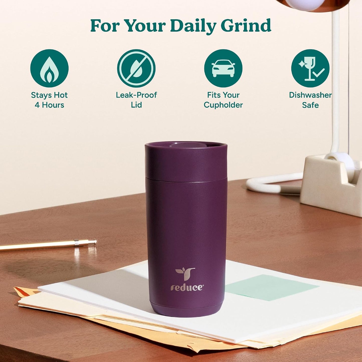 Perk 10oz Insulated Coffee Tumbler – Leak-Proof with Lockable Lid and Vacuum Insulation–Durable Stainless Steel–Fits Car Cup Holders–One-Handed Travel Mug in Sand Leopard Print - Midnight Plum