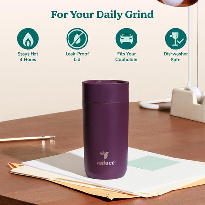 Perk 10oz Insulated Coffee Tumbler – Leak-Proof with Lockable Lid and Vacuum Insulation–Durable Stainless Steel–Fits Car Cup Holders–One-Handed Travel Mug in Sand Leopard Print - Midnight Plum