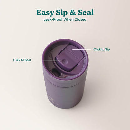 Perk 10oz Insulated Coffee Tumbler – Leak-Proof with Lockable Lid and Vacuum Insulation–Durable Stainless Steel–Fits Car Cup Holders–One-Handed Travel Mug in Sand Leopard Print - Midnight Plum