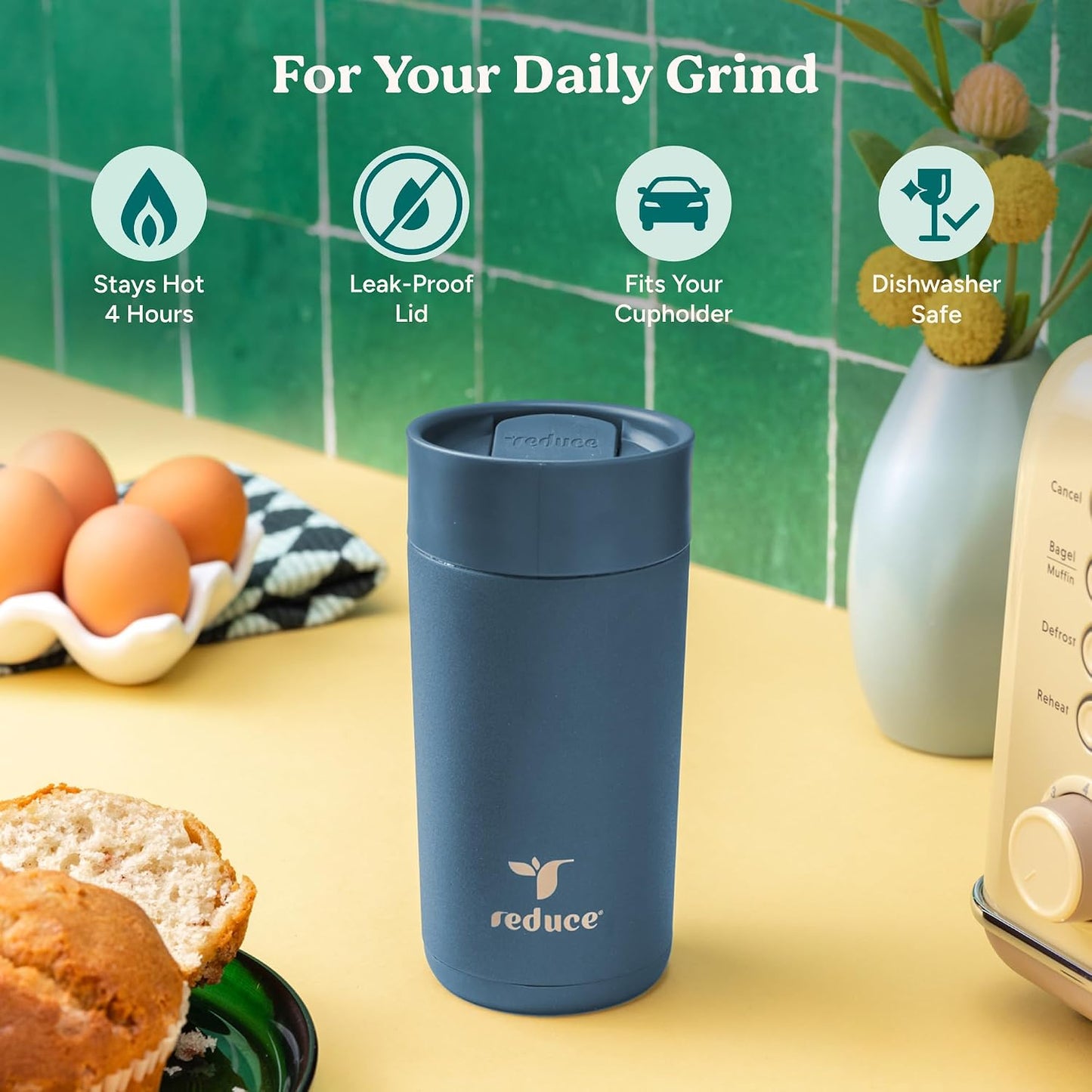 Perk 10oz Insulated Coffee Tumbler – Leak-Proof with Lockable Lid and Vacuum Insulation–Durable Stainless Steel–Fits Car Cup Holders–One-Handed Travel Mug in Sand Leopard Print - Midnight Plum