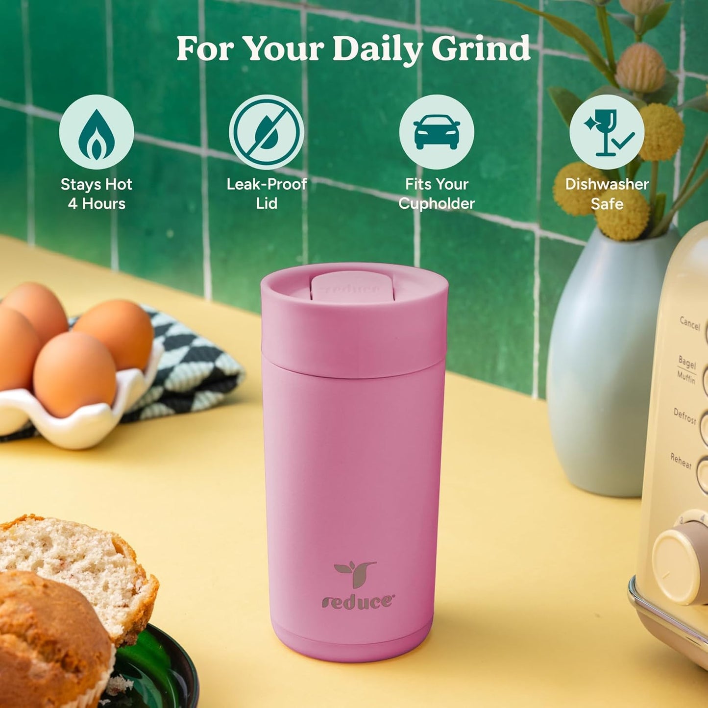 Perk 10oz Insulated Coffee Tumbler – Leak-Proof with Lockable Lid and Vacuum Insulation–Durable Stainless Steel–Fits Car Cup Holders–One-Handed Travel Mug in Sand Leopard Print - Midnight Plum