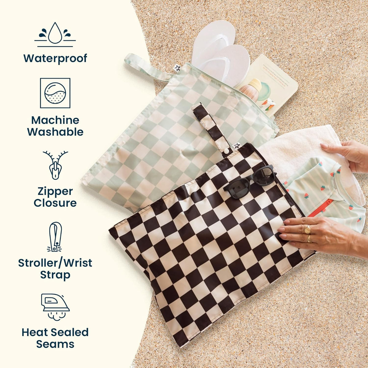 Mess Proof Wet Bags | Reusable Waterproof Wet Bags for Swimsuits | Baby Clothes | Travel & Diaper Bag (Pink, Brown Checkers) - Colors B