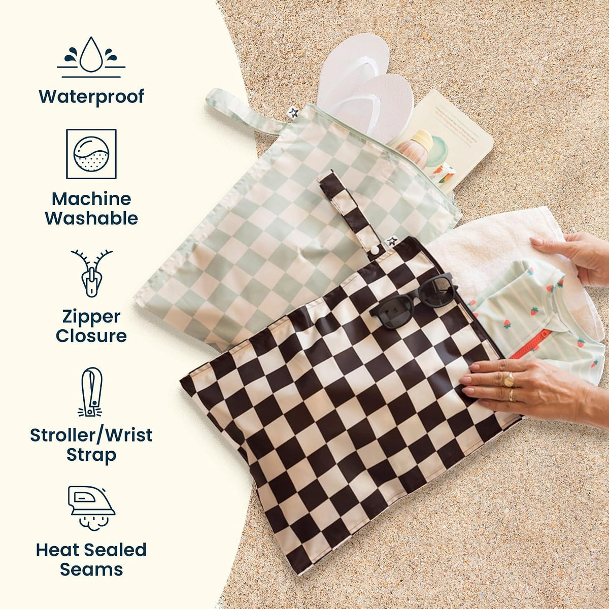 Mess Proof Wet Bags | Reusable Waterproof Wet Bags for Swimsuits | Baby Clothes | Travel & Diaper Bag (Pink, Brown Checkers) - Colors B