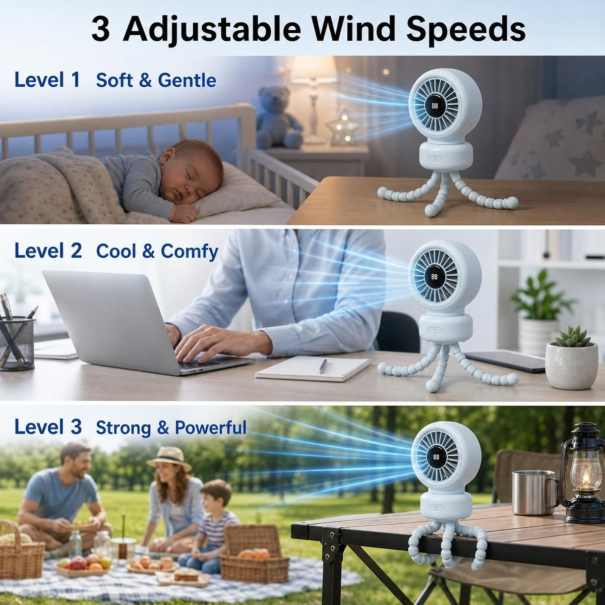 Baby Stroller Fan, 3600mAh Rechargeable Clip on Fan, Blue