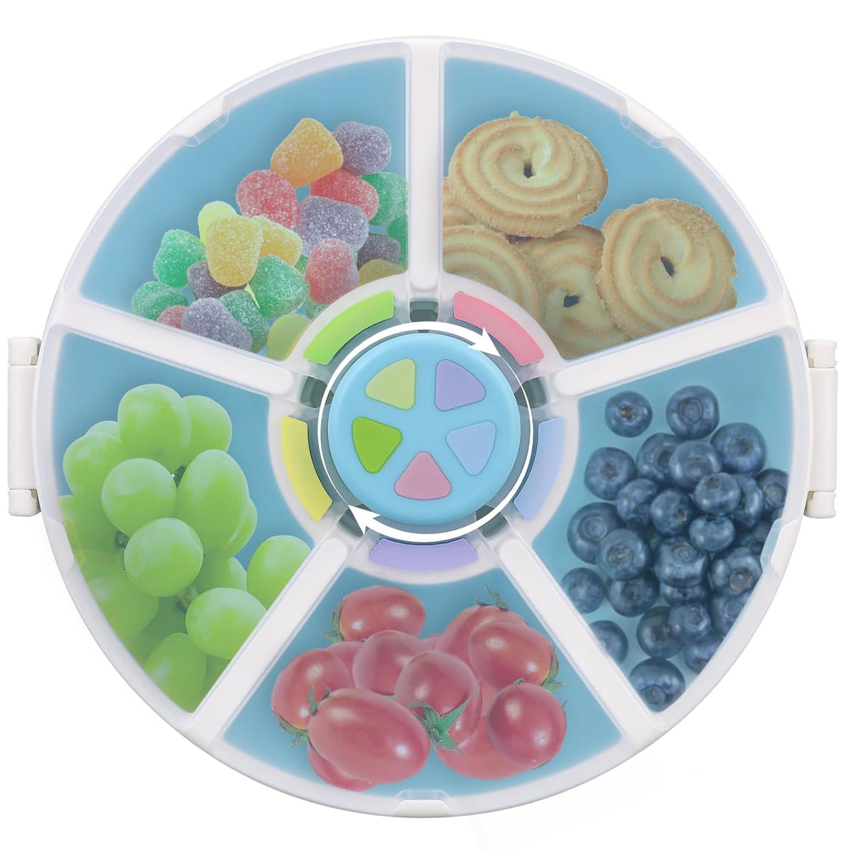 Kids Reusable Rotating Snack Container with 5 Separate Compartments, Color Matching Opening Lid, BPA/PVC-Free, Dishwasher Safe, Perfect for Travel, School Lunches & On-the-Go Snacking-Blue