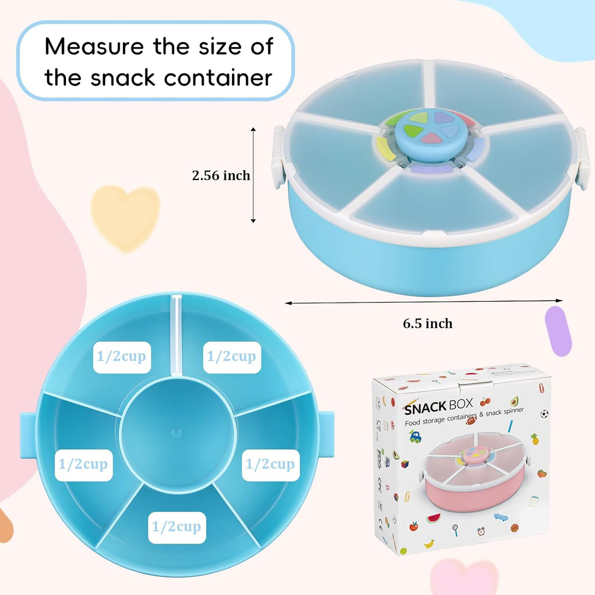 Kids Reusable Rotating Snack Container with 5 Separate Compartments, Color Matching Opening Lid, BPA/PVC-Free, Dishwasher Safe, Perfect for Travel, School Lunches & On-the-Go Snacking-Blue