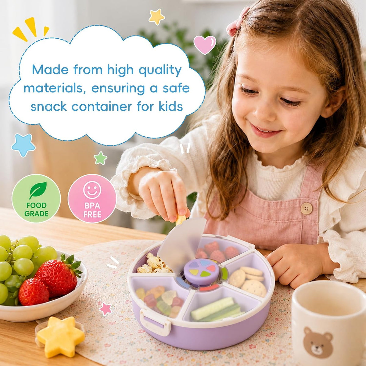 Kids Reusable Rotating Snack Container with 5 Separate Compartments, Color Matching Opening Lid, BPA/PVC-Free, Dishwasher Safe, Perfect for Travel, School Lunches & On-the-Go Snacking-Blue