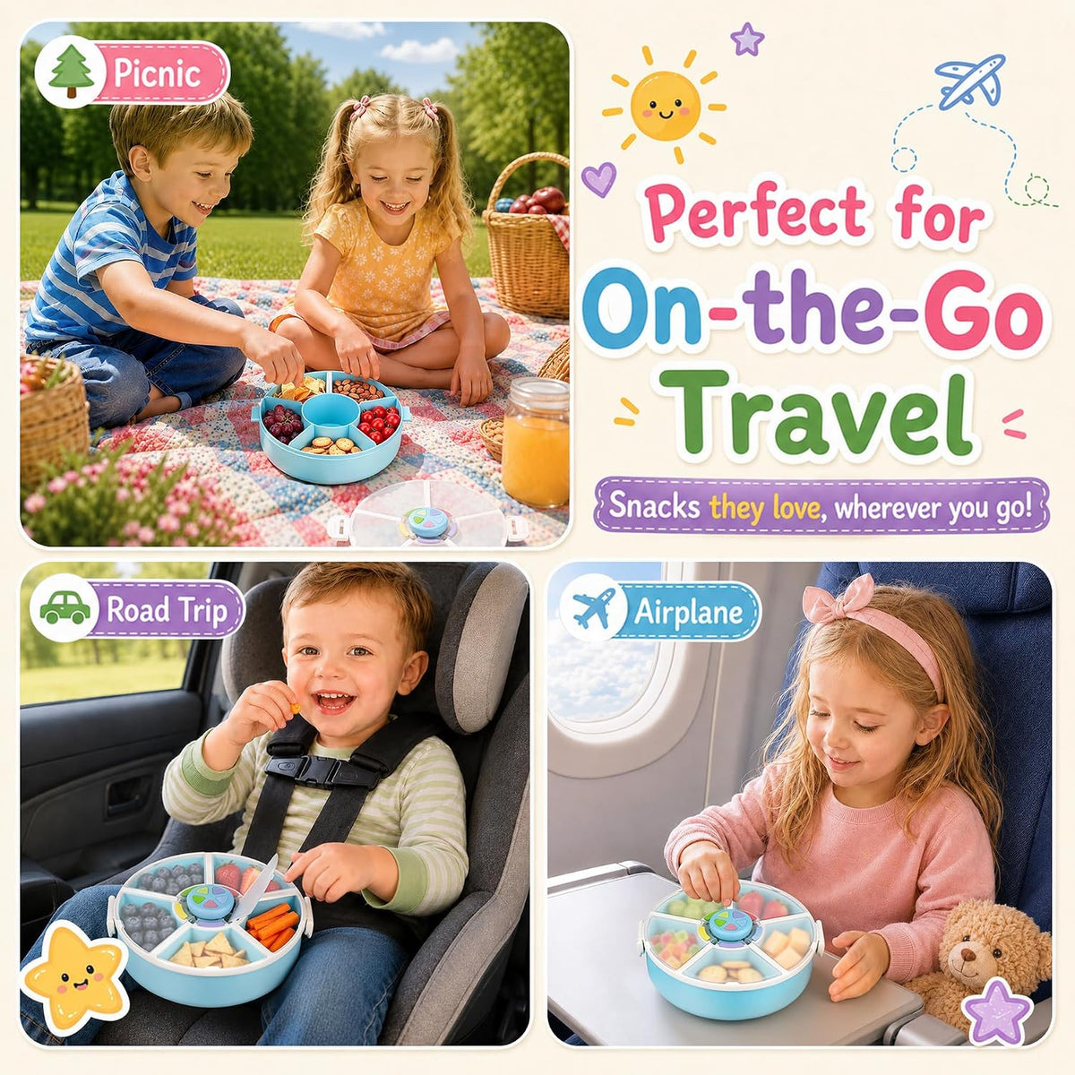 Kids Reusable Rotating Snack Container with 5 Separate Compartments, Color Matching Opening Lid, BPA/PVC-Free, Dishwasher Safe, Perfect for Travel, School Lunches & On-the-Go Snacking-Blue