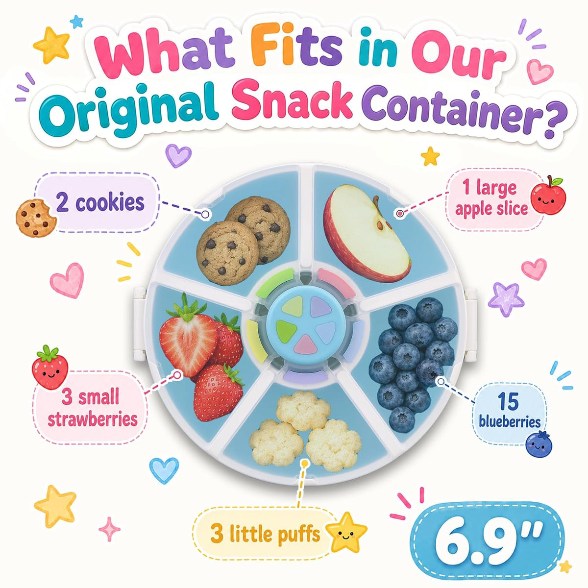 Kids Reusable Rotating Snack Container with 5 Separate Compartments, Color Matching Opening Lid, BPA/PVC-Free, Dishwasher Safe, Perfect for Travel, School Lunches & On-the-Go Snacking-Blue