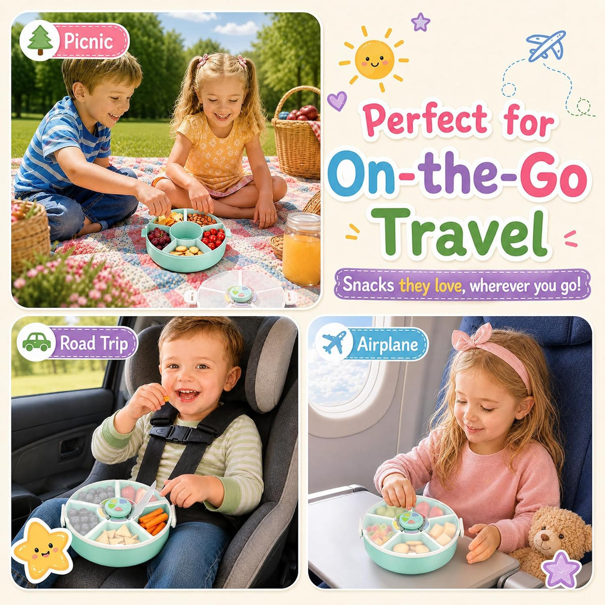 Kids Reusable Rotating Snack Container with 5 Separate Compartments, Color Matching Opening Lid, BPA/PVC-Free, Dishwasher Safe, Perfect for Travel, School Lunches & On-the-Go Snacking-Blue