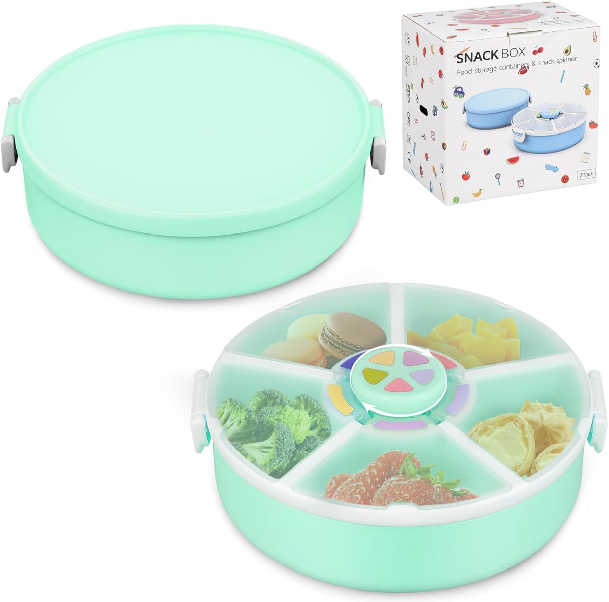 Kids Reusable Rotating Snack Container with 5 Separate Compartments, Color Matching Opening Lid, BPA/PVC-Free, Dishwasher Safe, Perfect for Travel, School Lunches & On-the-Go Snacking-Blue