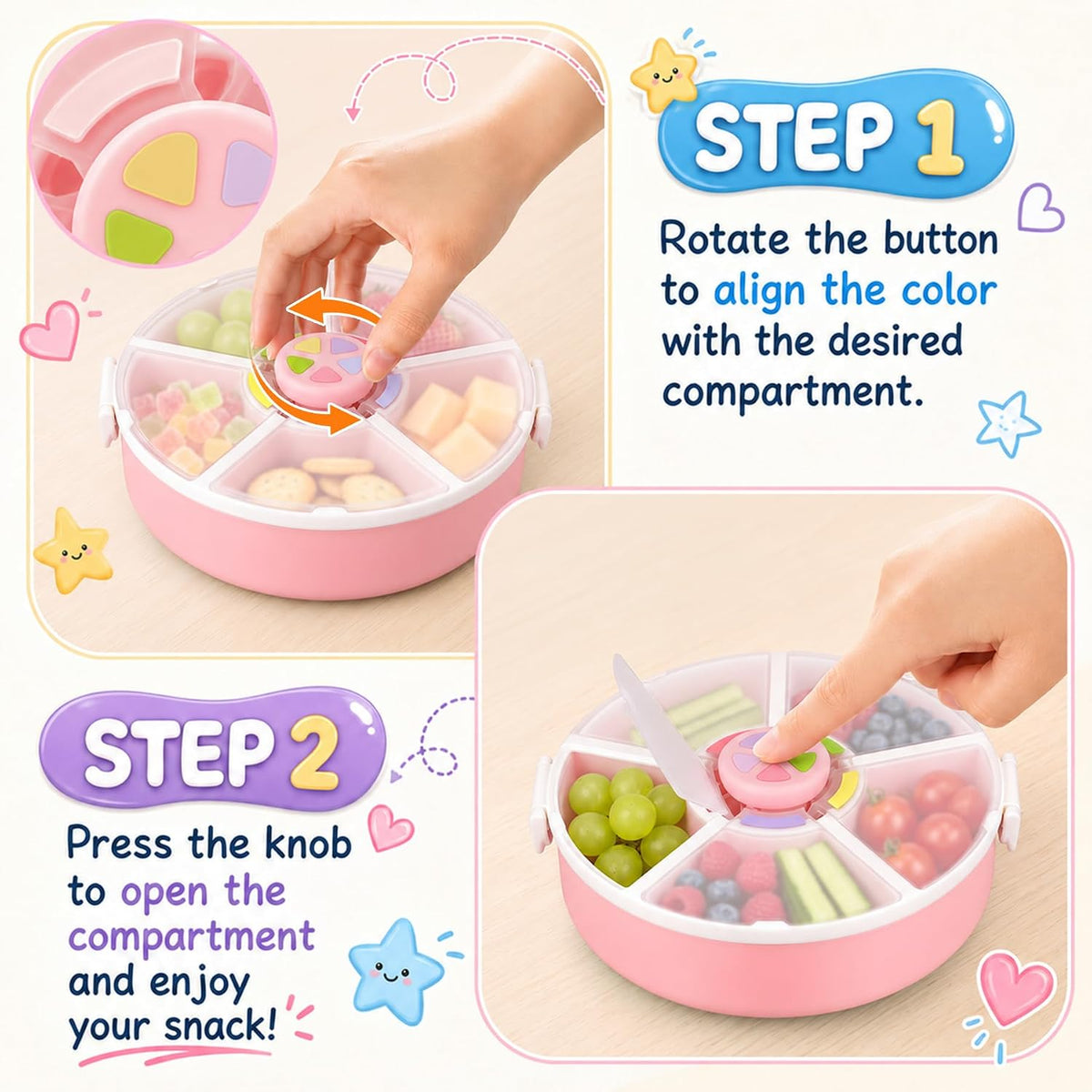 Kids Reusable Rotating Snack Container with 5 Separate Compartments, Color Matching Opening Lid, BPA/PVC-Free, Dishwasher Safe, Perfect for Travel, School Lunches & On-the-Go Snacking-Blue