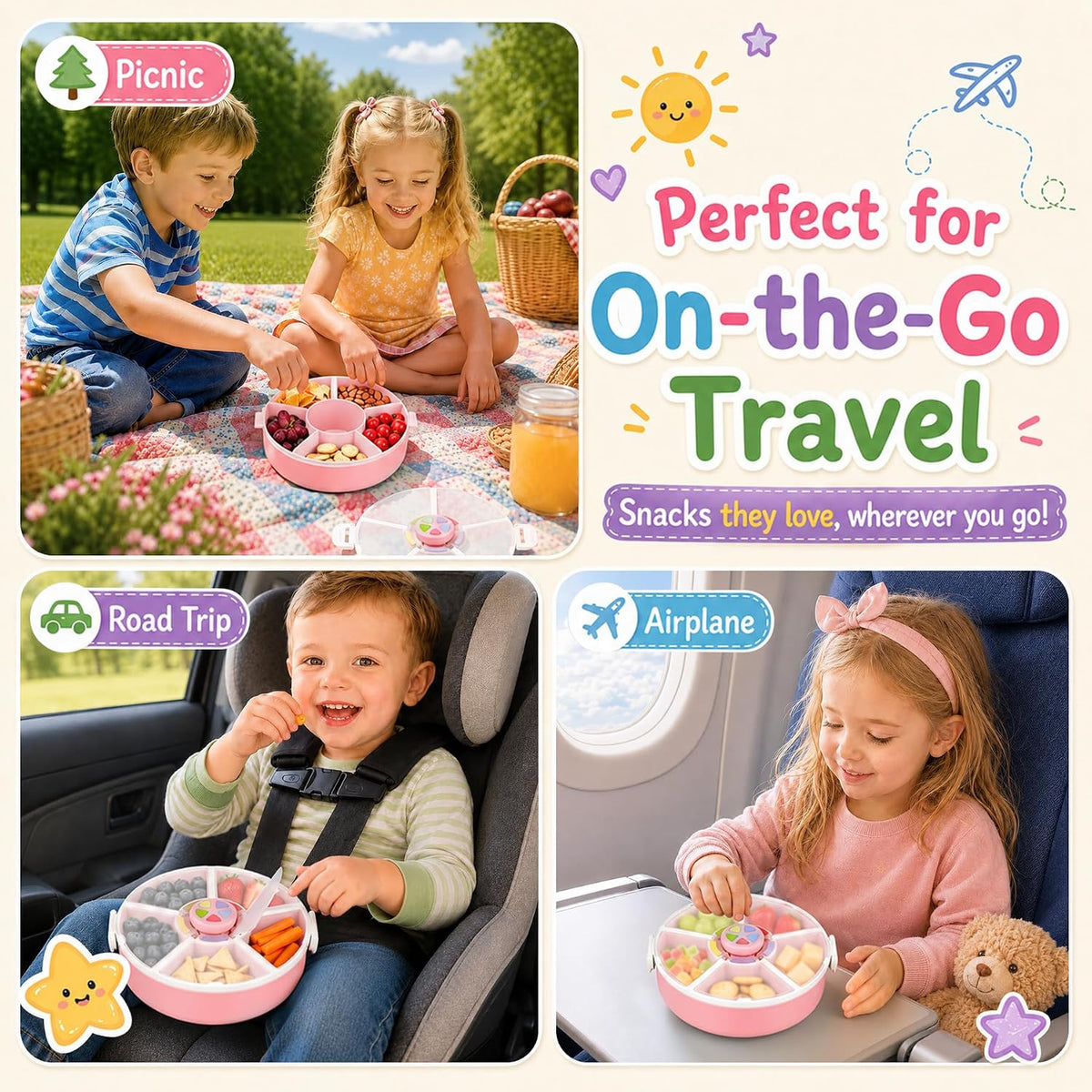 Kids Reusable Rotating Snack Container with 5 Separate Compartments, Color Matching Opening Lid, BPA/PVC-Free, Dishwasher Safe, Perfect for Travel, School Lunches & On-the-Go Snacking-Blue