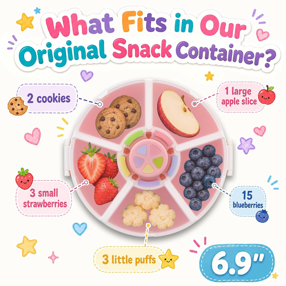 Kids Reusable Rotating Snack Container with 5 Separate Compartments, Color Matching Opening Lid, BPA/PVC-Free, Dishwasher Safe, Perfect for Travel, School Lunches & On-the-Go Snacking-Blue