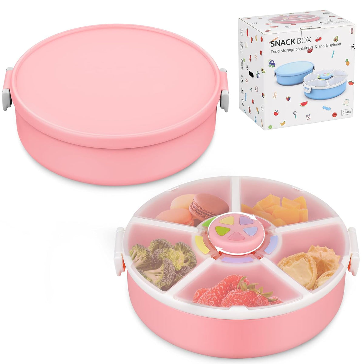 Kids Reusable Rotating Snack Container with 5 Separate Compartments, Color Matching Opening Lid, BPA/PVC-Free, Dishwasher Safe, Perfect for Travel, School Lunches & On-the-Go Snacking-Blue