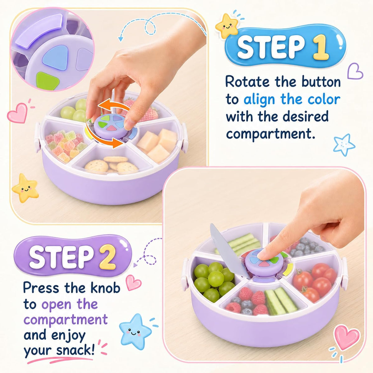 Kids Reusable Rotating Snack Container with 5 Separate Compartments, Color Matching Opening Lid, BPA/PVC-Free, Dishwasher Safe, Perfect for Travel, School Lunches & On-the-Go Snacking-Blue