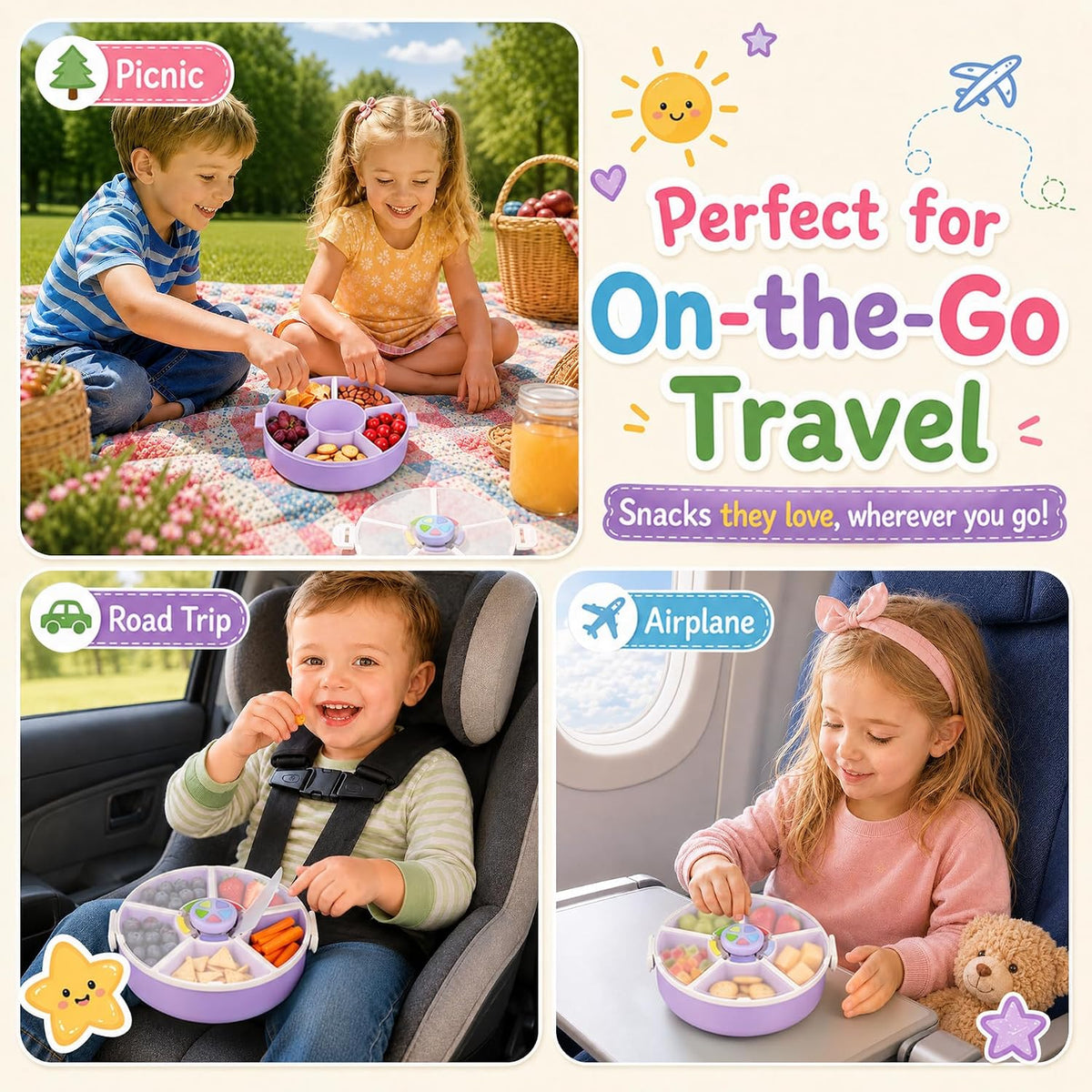 Kids Reusable Rotating Snack Container with 5 Separate Compartments, Color Matching Opening Lid, BPA/PVC-Free, Dishwasher Safe, Perfect for Travel, School Lunches & On-the-Go Snacking-Blue