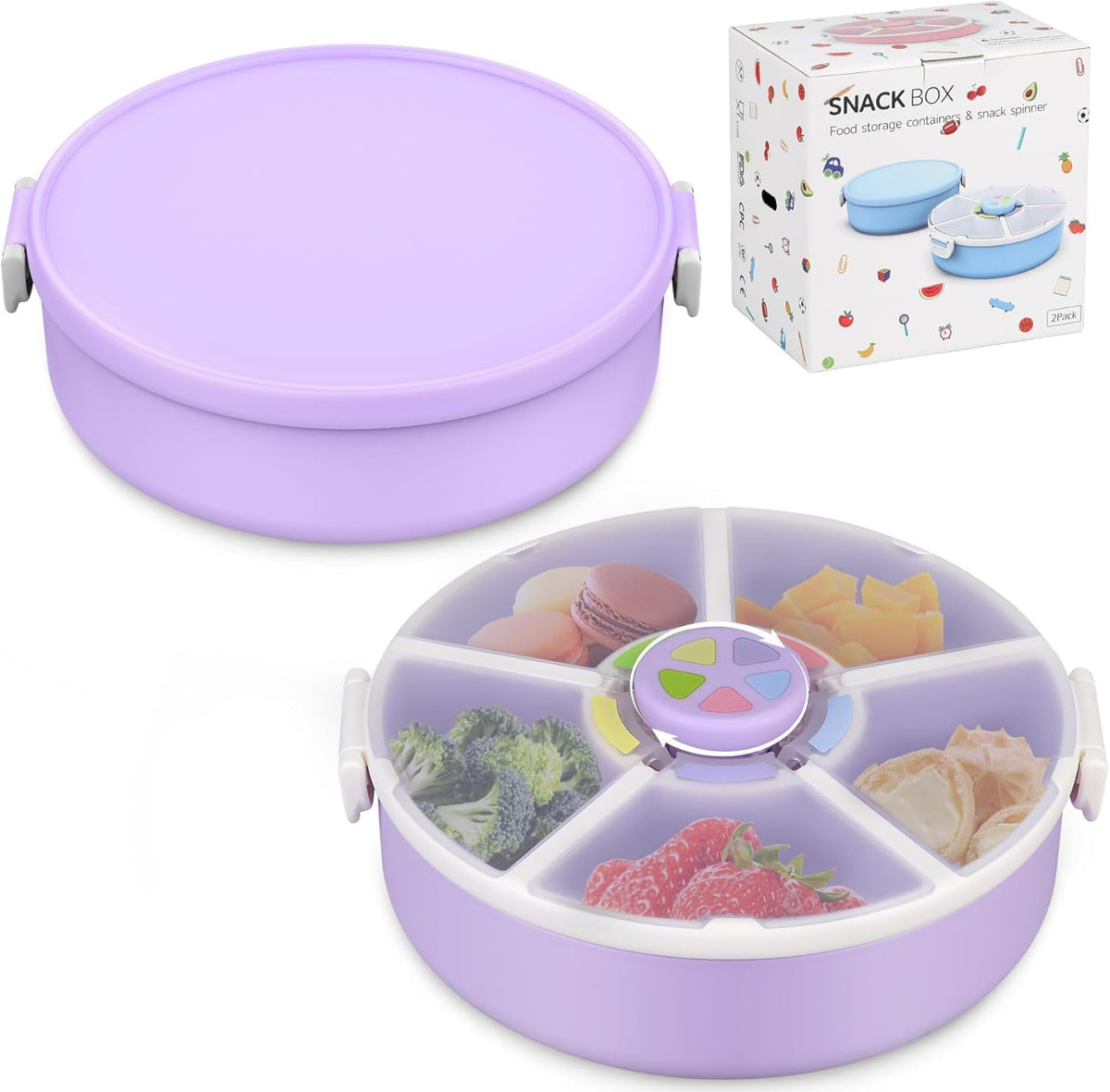Kids Reusable Rotating Snack Container with 5 Separate Compartments, Color Matching Opening Lid, BPA/PVC-Free, Dishwasher Safe, Perfect for Travel, School Lunches & On-the-Go Snacking-Blue
