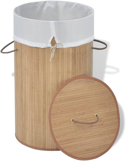 Bamboo Laundry Bin Round Hamper with Removable Liner, Foldable Clothes Storage Basket with Handles, 13.7 inch x 23.6 inch