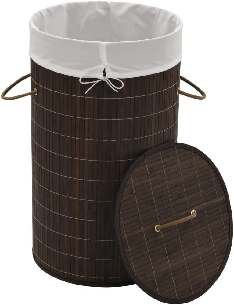 Bamboo Laundry Bin Round Hamper with Removable Liner, Foldable Clothes Storage Basket with Handles, 13.7 inch x 23.6 inch