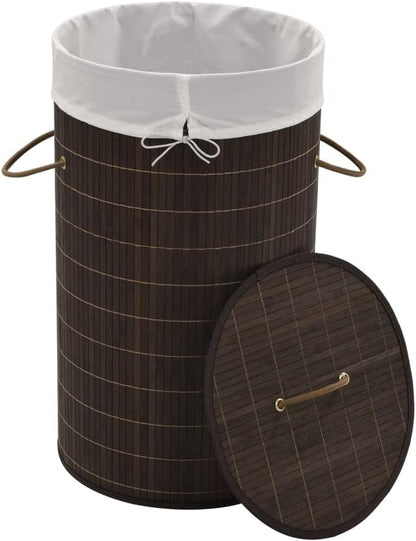 Bamboo Laundry Bin Round Hamper with Removable Liner, Foldable Clothes Storage Basket with Handles, 13.7 inch x 23.6 inch