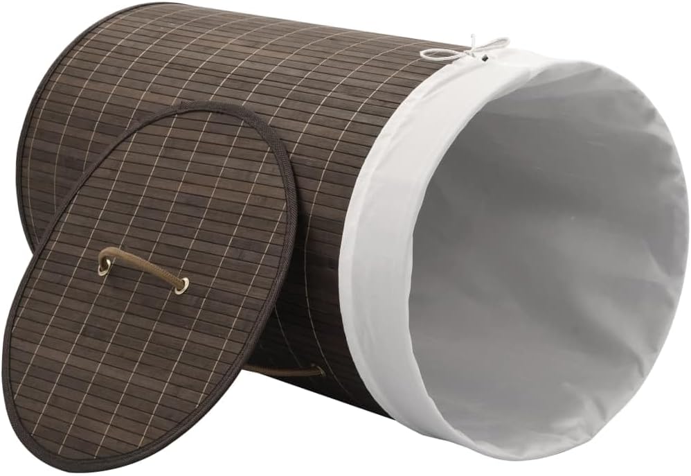 Bamboo Laundry Bin Round Hamper with Removable Liner, Foldable Clothes Storage Basket with Handles, 13.7 inch x 23.6 inch