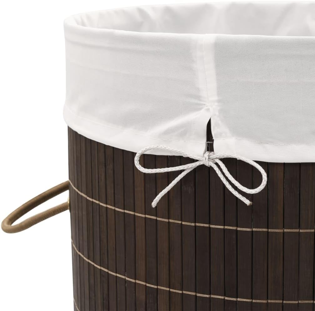 Bamboo Laundry Bin Round Hamper with Removable Liner, Foldable Clothes Storage Basket with Handles, 13.7 inch x 23.6 inch