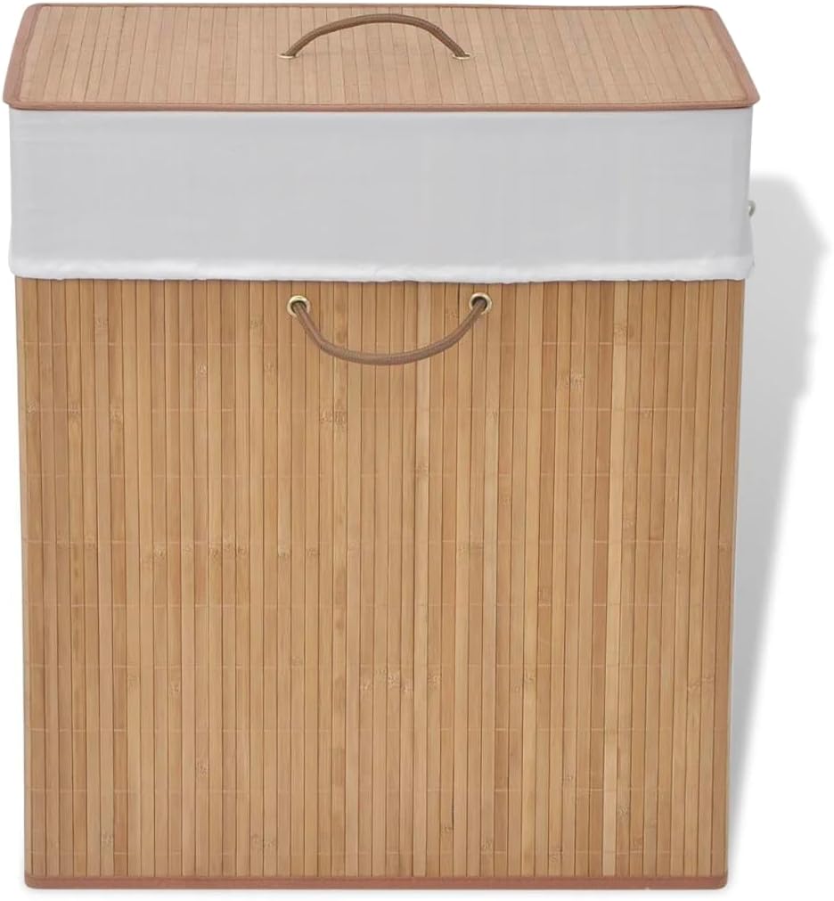 Bamboo Laundry Bin Round Hamper with Removable Liner, Foldable Clothes Storage Basket with Handles, 13.7 inch x 23.6 inch