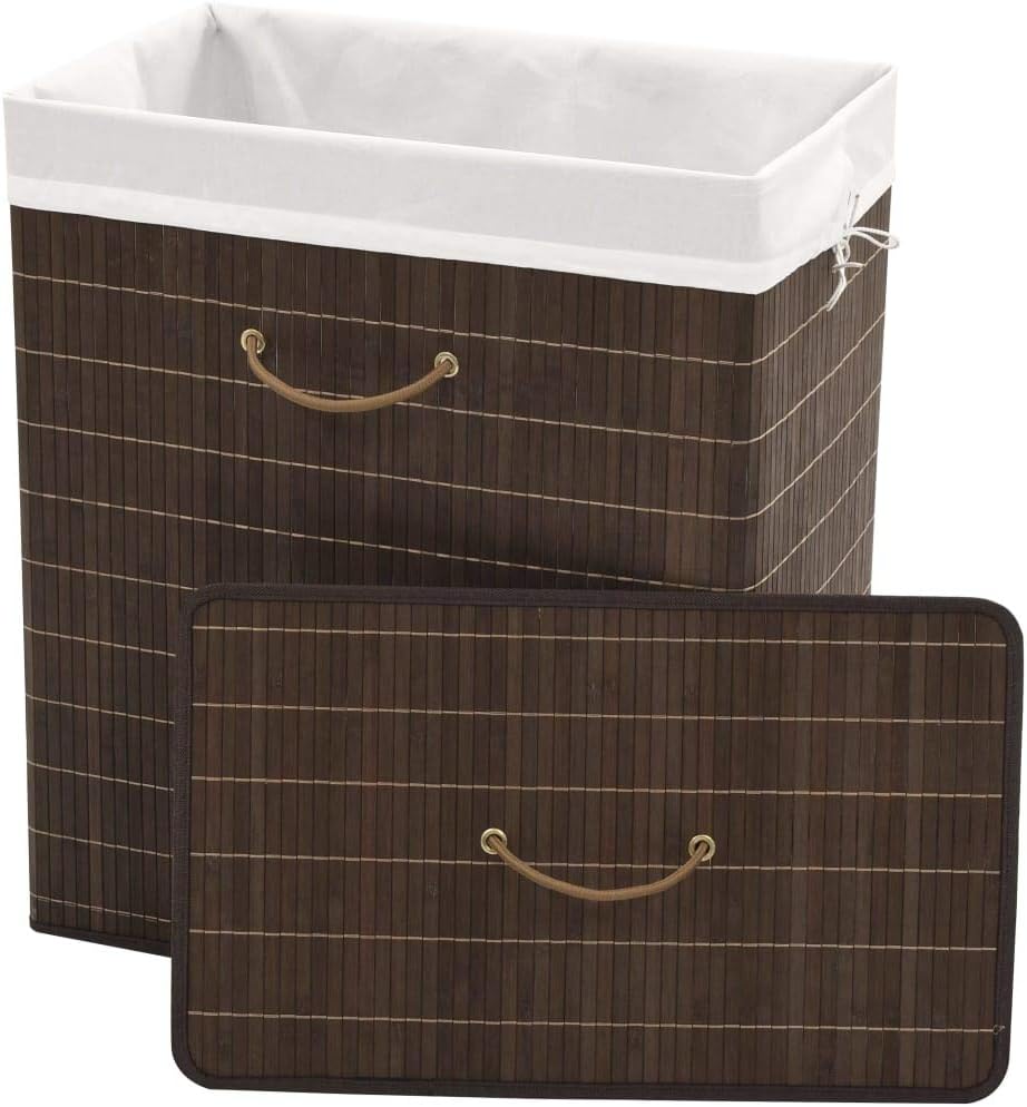 Bamboo Laundry Bin Round Hamper with Removable Liner, Foldable Clothes Storage Basket with Handles, 13.7 inch x 23.6 inch