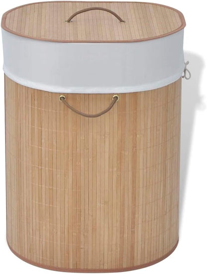 Bamboo Laundry Bin Round Hamper with Removable Liner, Foldable Clothes Storage Basket with Handles, 13.7 inch x 23.6 inch