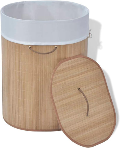 Bamboo Laundry Bin Round Hamper with Removable Liner, Foldable Clothes Storage Basket with Handles, 13.7 inch x 23.6 inch