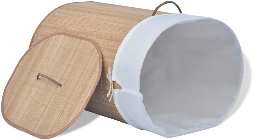 Bamboo Laundry Bin Round Hamper with Removable Liner, Foldable Clothes Storage Basket with Handles, 13.7 inch x 23.6 inch