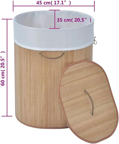Bamboo Laundry Bin Round Hamper with Removable Liner, Foldable Clothes Storage Basket with Handles, 13.7 inch x 23.6 inch