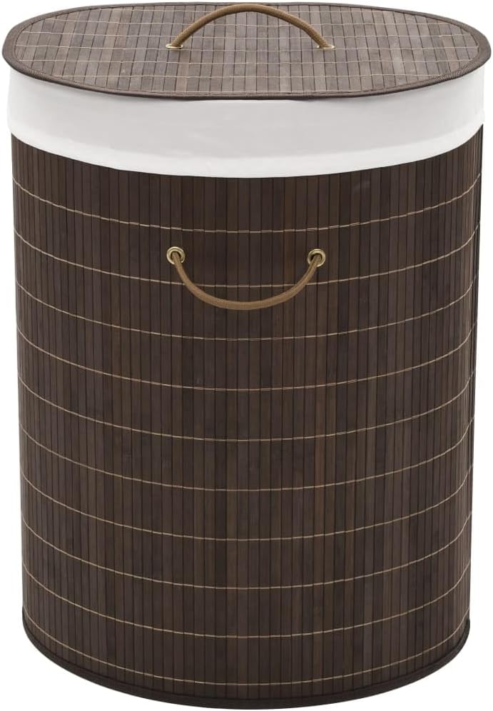 Bamboo Laundry Bin Round Hamper with Removable Liner, Foldable Clothes Storage Basket with Handles, 13.7 inch x 23.6 inch