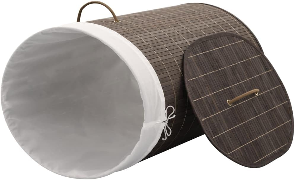 Bamboo Laundry Bin Round Hamper with Removable Liner, Foldable Clothes Storage Basket with Handles, 13.7 inch x 23.6 inch