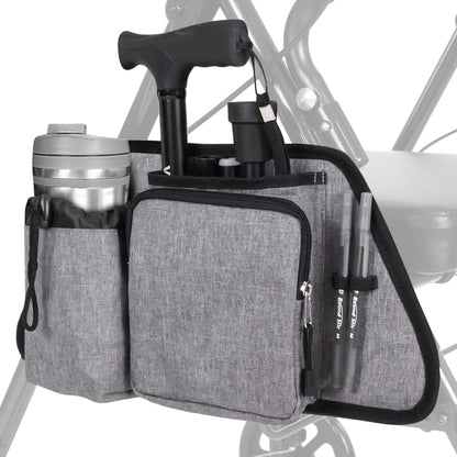 Side Bag for Rollators, Wheelchairs, Walkers - Tote Organizer with Phone Pocket - Storage Travel Pouch - Small Hanging Stroller Accessories for Women, Men, Seniors - Non Slip Cup Holder