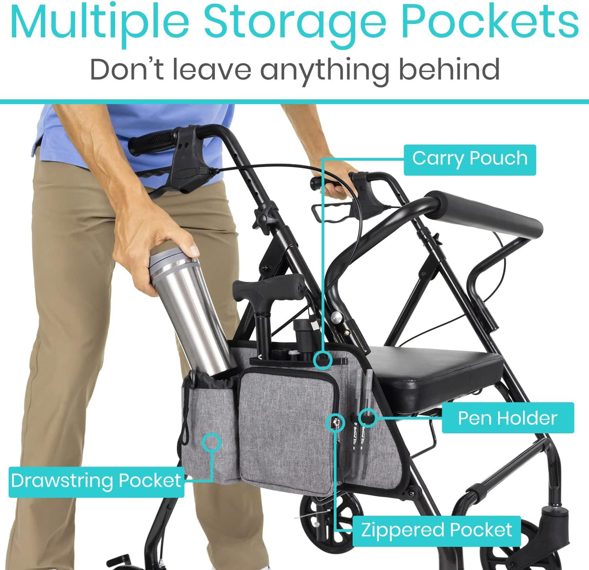 Side Bag for Rollators, Wheelchairs, Walkers - Tote Organizer with Phone Pocket - Storage Travel Pouch - Small Hanging Stroller Accessories for Women, Men, Seniors - Non Slip Cup Holder