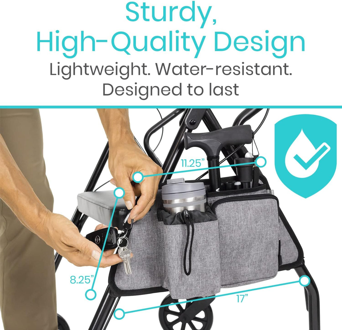 Side Bag for Rollators, Wheelchairs, Walkers - Tote Organizer with Phone Pocket - Storage Travel Pouch - Small Hanging Stroller Accessories for Women, Men, Seniors - Non Slip Cup Holder