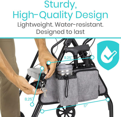 Side Bag for Rollators, Wheelchairs, Walkers - Tote Organizer with Phone Pocket - Storage Travel Pouch - Small Hanging Stroller Accessories for Women, Men, Seniors - Non Slip Cup Holder