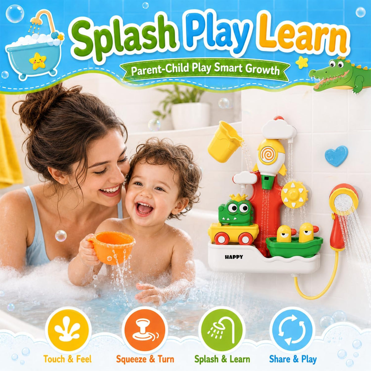 Baby Bath Toys for Kids, Bathtub Toy for Toddler, Baby Bath Shower Head, Rocket Whistle, Cute Car and Little Yacht 4-in-1 Multifunctional Interactive Water Play Kit for Kid Todders.