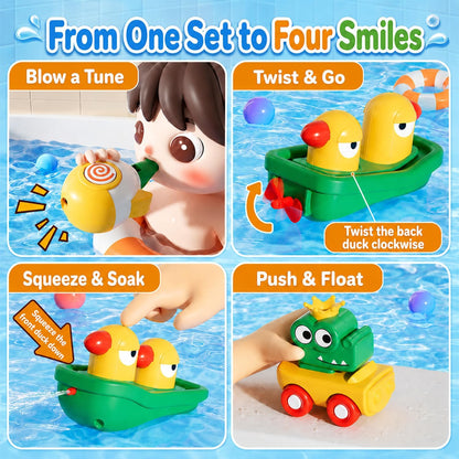 Baby Bath Toys for Kids, Bathtub Toy for Toddler, Baby Bath Shower Head, Rocket Whistle, Cute Car and Little Yacht 4-in-1 Multifunctional Interactive Water Play Kit for Kid Todders.