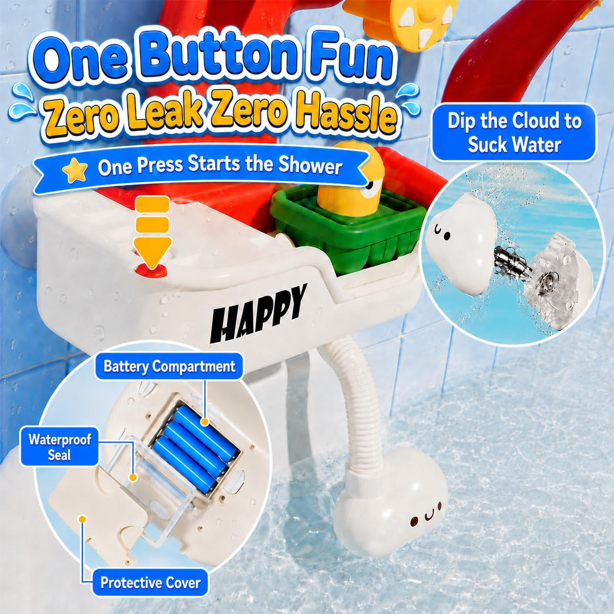 Baby Bath Toys for Kids, Bathtub Toy for Toddler, Baby Bath Shower Head, Rocket Whistle, Cute Car and Little Yacht 4-in-1 Multifunctional Interactive Water Play Kit for Kid Todders.