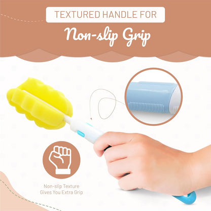 Triple Baby Bottle Cleaner Brush Set - Includes Baby Bottle Brush Cleaner, Nipple Brush & Straw Cleaning Brush - Eco-Conscious Plastic Handle with Non-Slip Grip, Replaceable Sponges - Blue