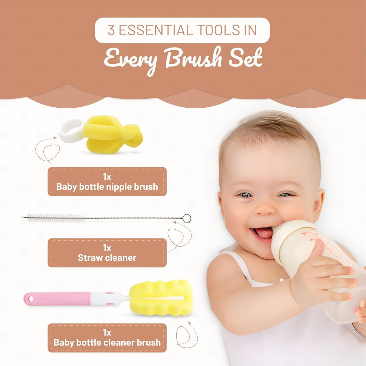 Triple Baby Bottle Cleaner Brush Set - Includes Baby Bottle Brush Cleaner, Nipple Brush & Straw Cleaning Brush - Eco-Conscious Plastic Handle with Non-Slip Grip, Replaceable Sponges - Blue