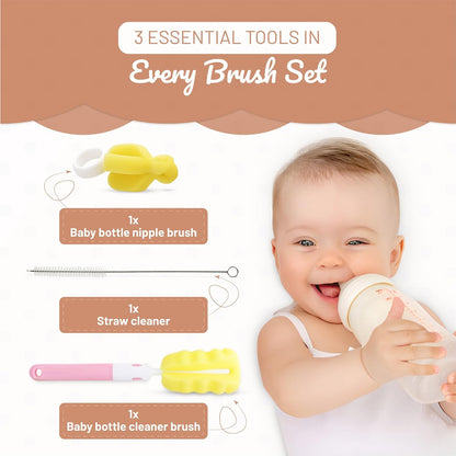 Triple Baby Bottle Cleaner Brush Set - Includes Baby Bottle Brush Cleaner, Nipple Brush & Straw Cleaning Brush - Eco-Conscious Plastic Handle with Non-Slip Grip, Replaceable Sponges - Blue