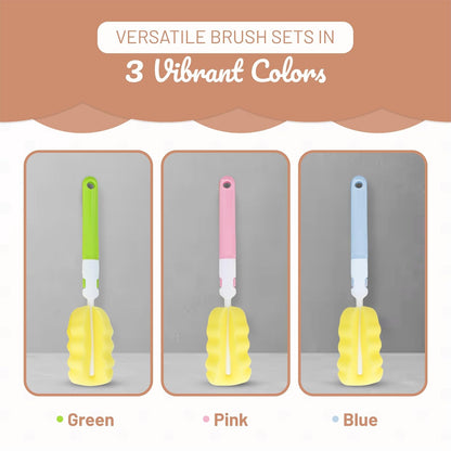 Triple Baby Bottle Cleaner Brush Set - Includes Baby Bottle Brush Cleaner, Nipple Brush & Straw Cleaning Brush - Eco-Conscious Plastic Handle with Non-Slip Grip, Replaceable Sponges - Blue