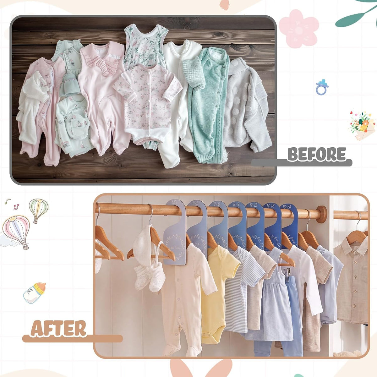 7 Pieces Wooden Baby Closet Dividers Boy Girl, Grid, Lattice