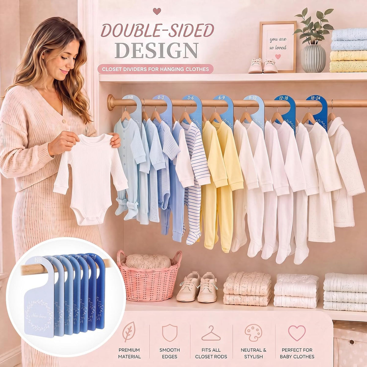 7 Pieces Wooden Baby Closet Dividers Boy Girl, Grid, Lattice