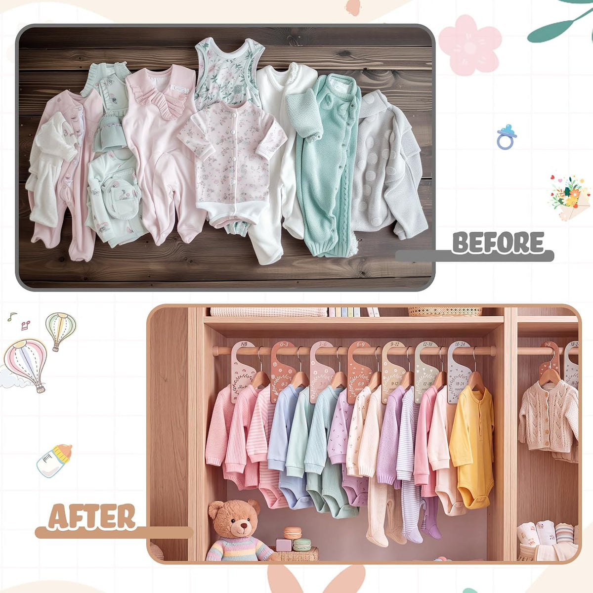 7 Pieces Wooden Baby Closet Dividers Boy Girl, Grid, Lattice